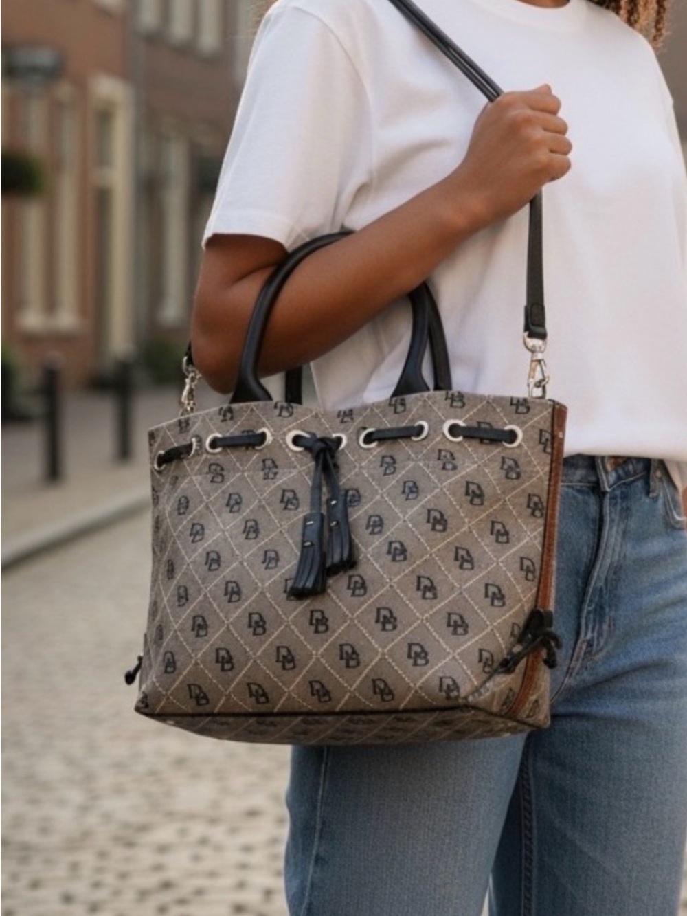 Dooney & Bourke Brown Monogram Tote with Black Trim